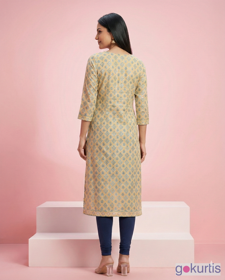 Beige Geometric Printed Linen Satin Straight Kurti