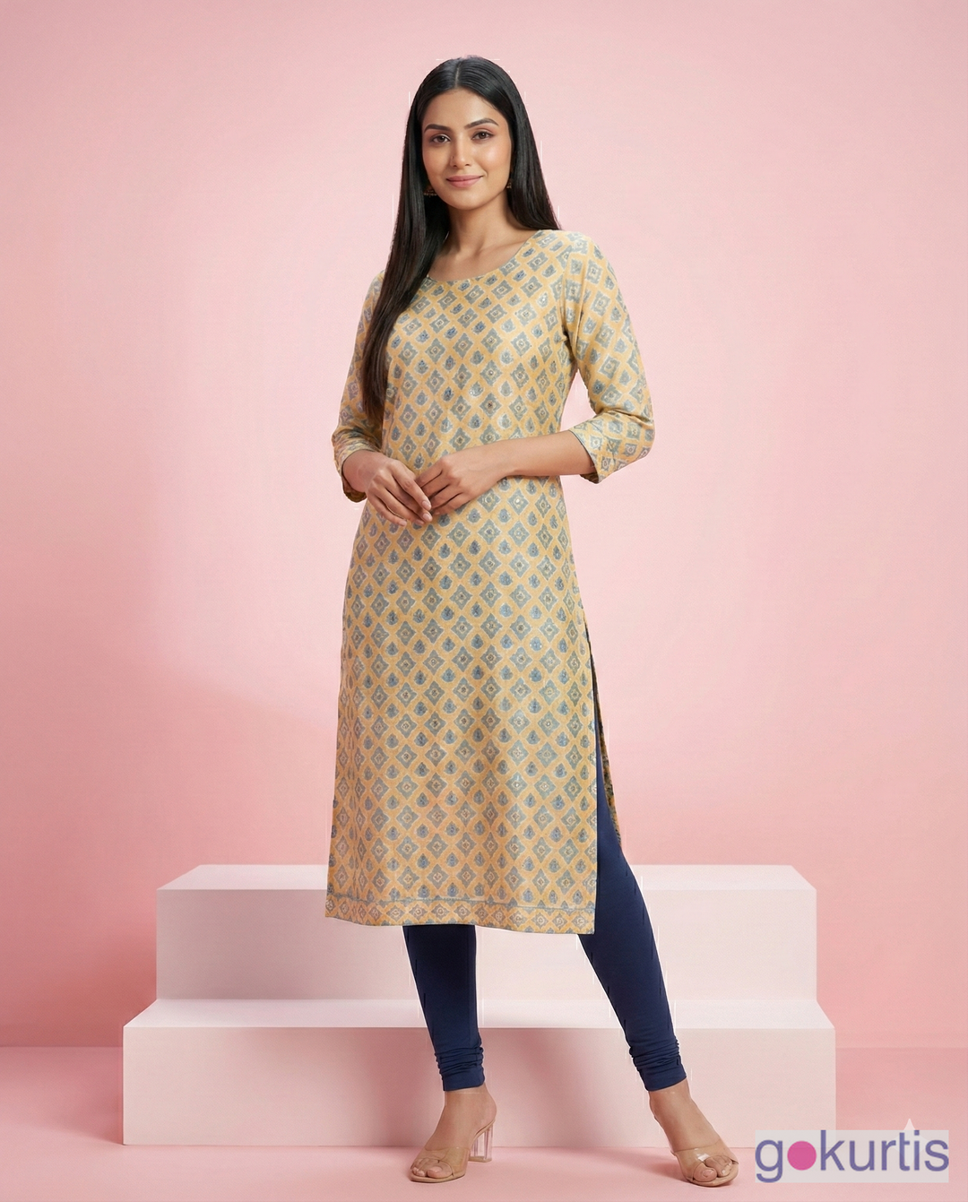 Beige Geometric Printed Linen Satin Straight Kurti