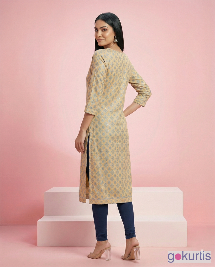 Beige Geometric Printed Linen Satin Straight Kurti