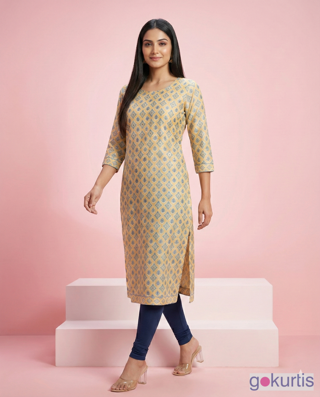 Beige Geometric Printed Linen Satin Straight Kurti