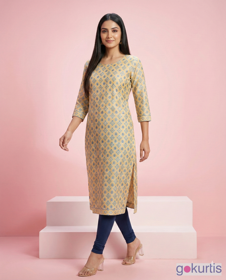 Beige Geometric Printed Linen Satin Straight Kurti