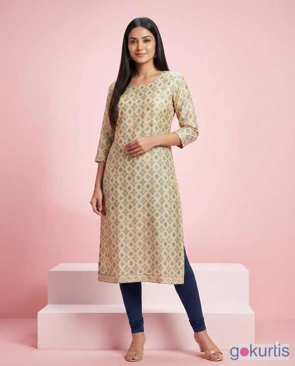 Beige Geometric Printed Linen Satin Straight Kurti