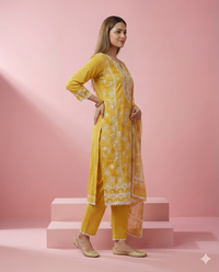 Mustard Yellow Embroidered Hakoba Cotton Kurta Set 4