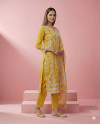 Mustard Yellow Embroidered Hakoba Cotton Kurta Set 3