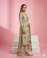 Beige Printed Tussar Chanderi 3-Piece Kurta Set 3