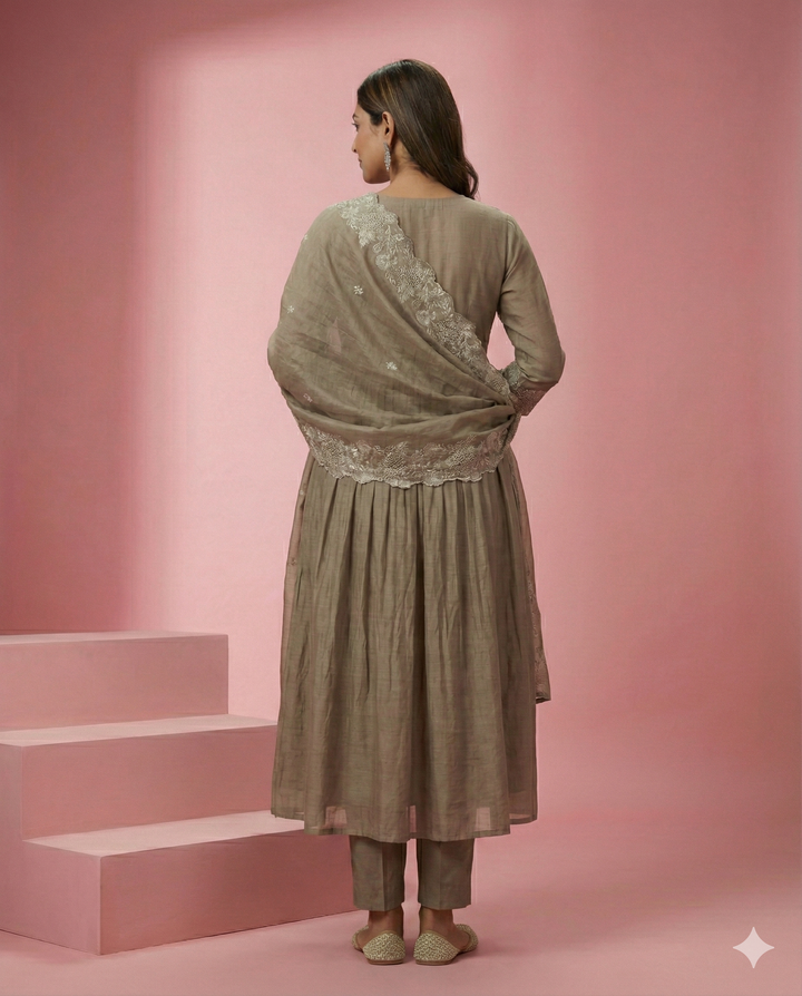 Beige Embroidered Mul Chanderi 3-Piece Suit Set