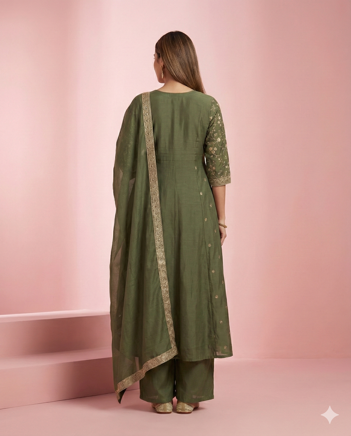 Olive Green Embroidered Mul Chanderi 3-Piece Suit Set