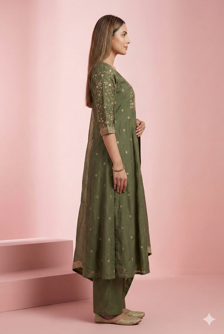 Olive Green Embroidered Mul Chanderi 3-Piece Suit Set