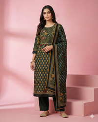 Bottle-green-gold-printed-crape-3pc-set 4