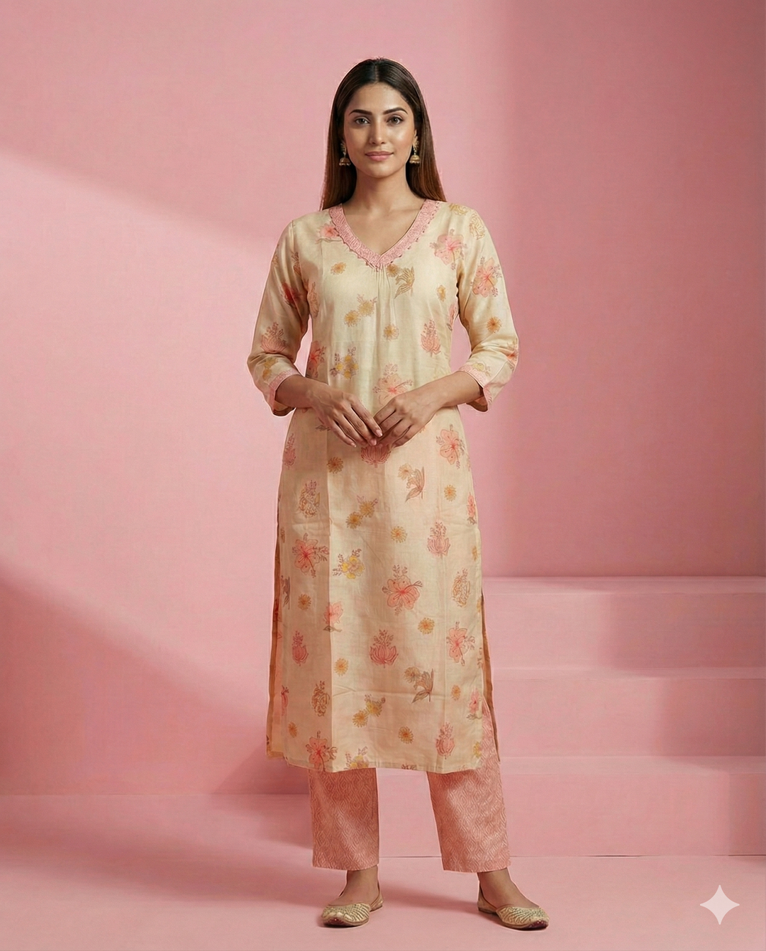 Cream Floral Printed Linen Kurti Set