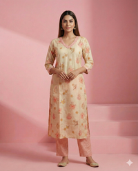 Cream Floral Printed Linen Kurti Set 3
