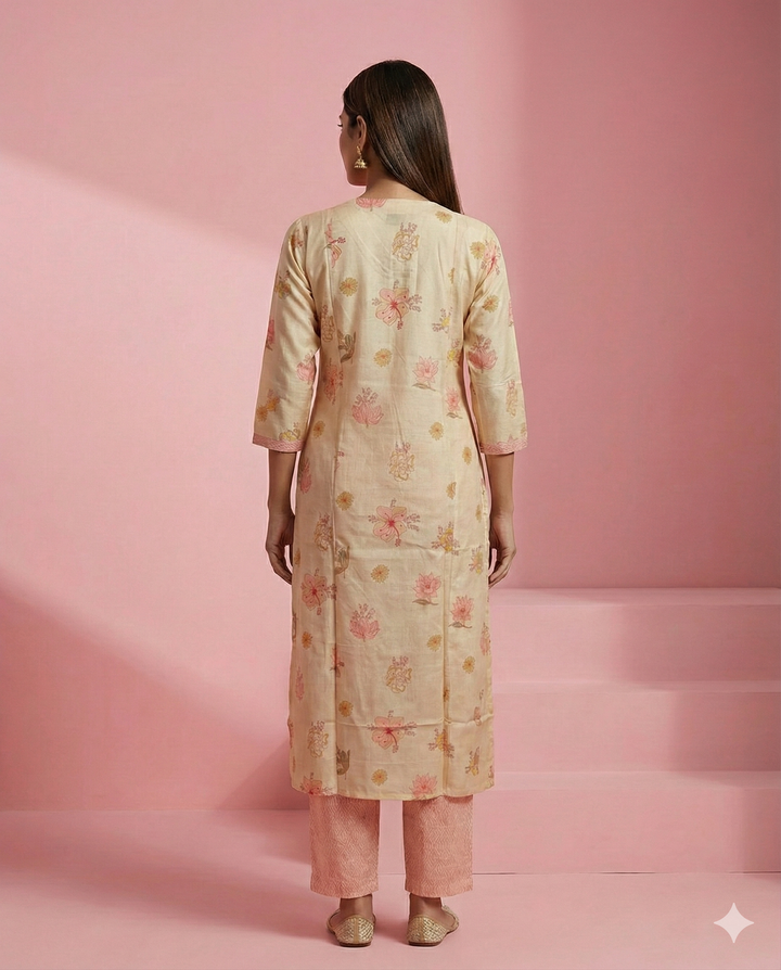 Cream Floral Printed Linen Kurti Set