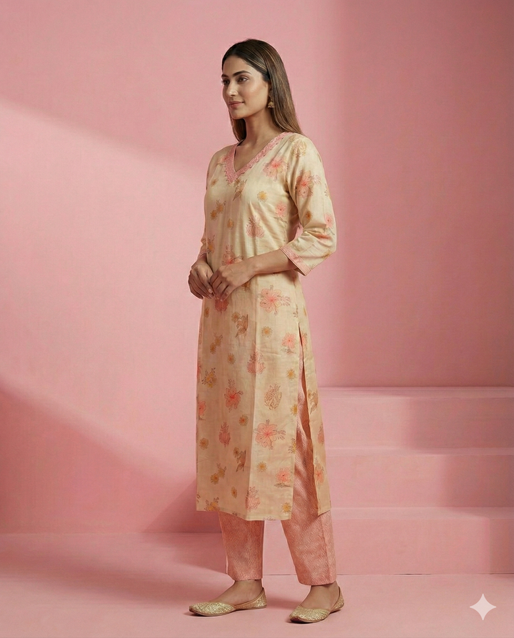 Cream Floral Printed Linen Kurti Set