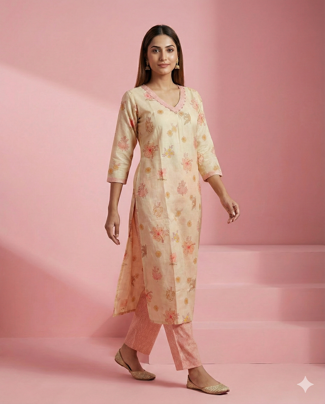 Cream Floral Printed Linen Kurti Set