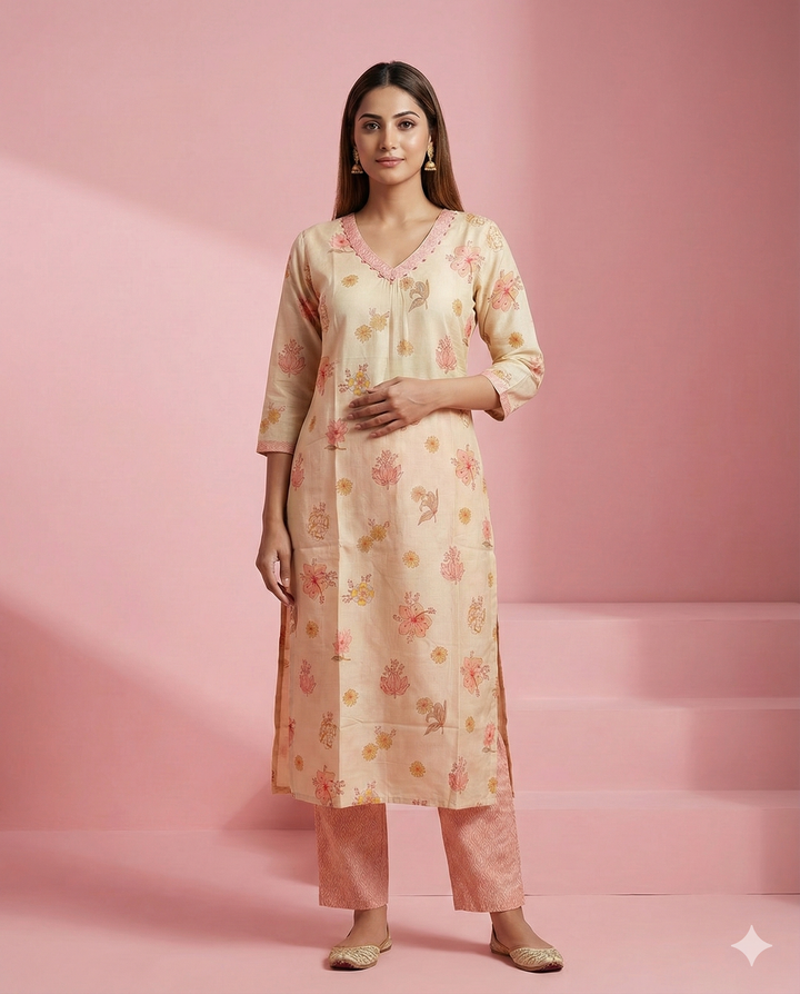 Cream Floral Printed Linen Kurti Set