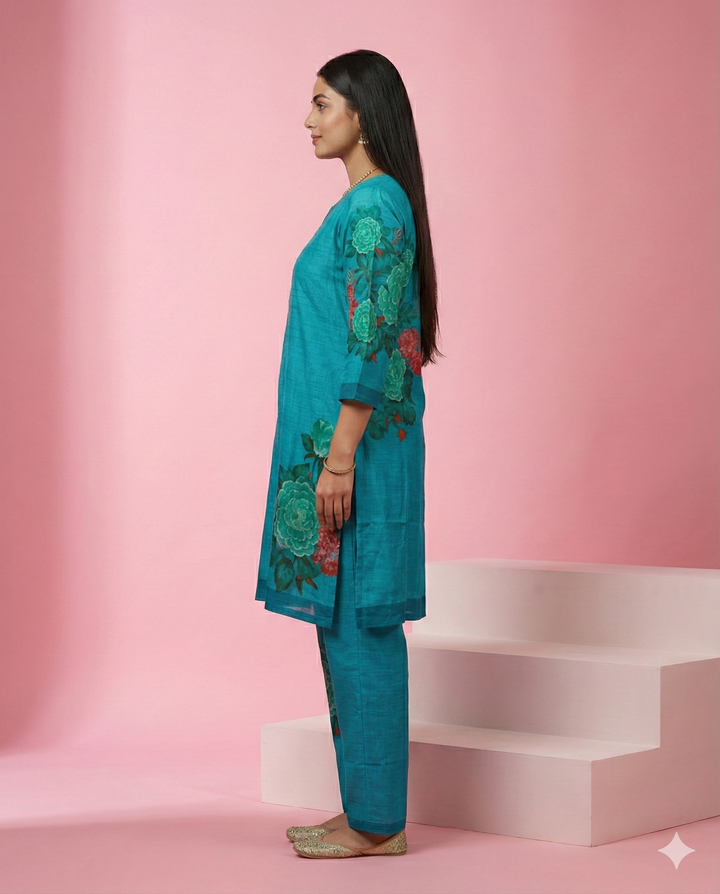 Blue Floral Printed Muslin Co-ord Set