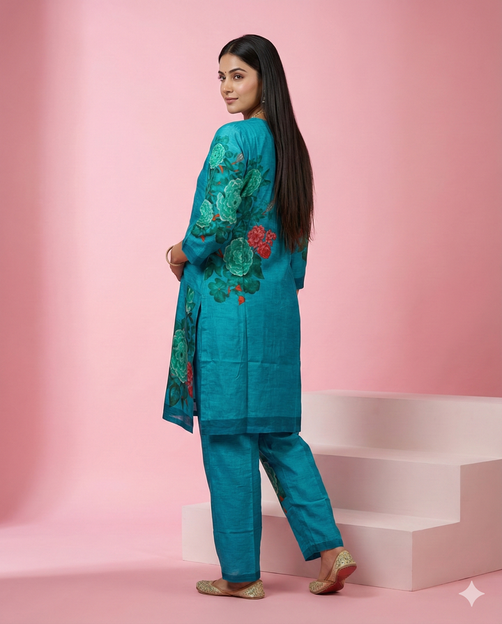 Blue Floral Printed Muslin Co-ord Set