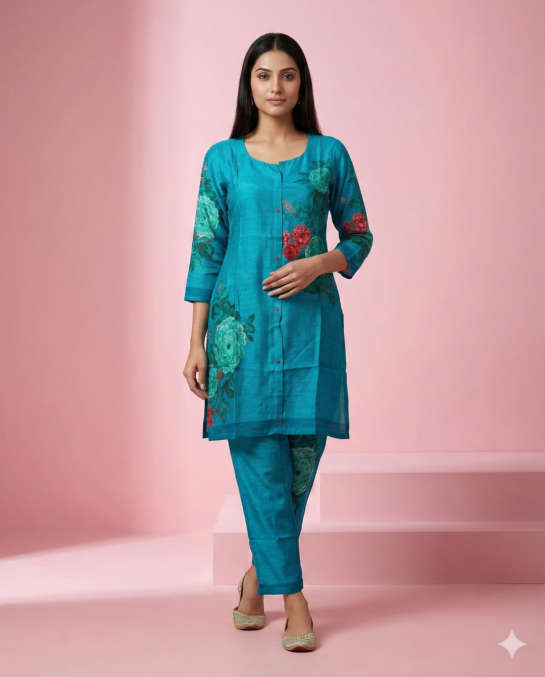 Blue Floral Printed Muslin Co-ord Set