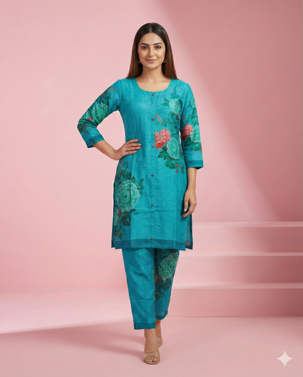 Blue Floral Printed Muslin Co-ord Set