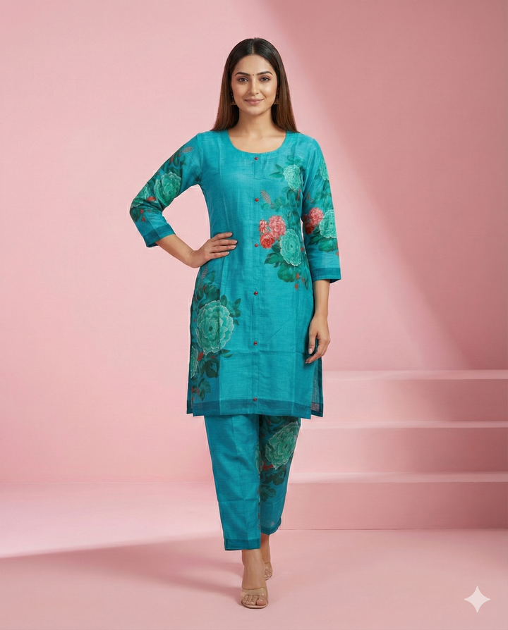 Blue Floral Printed Muslin Co-ord Set
