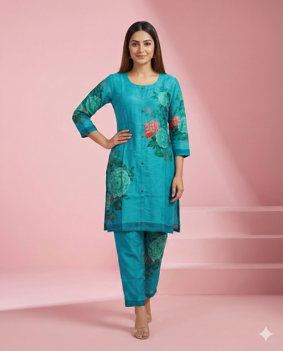 Blue Floral Printed Muslin Co-ord Set