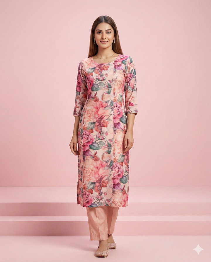 Peach Floral Printed Viscose Blend Straight Kurti