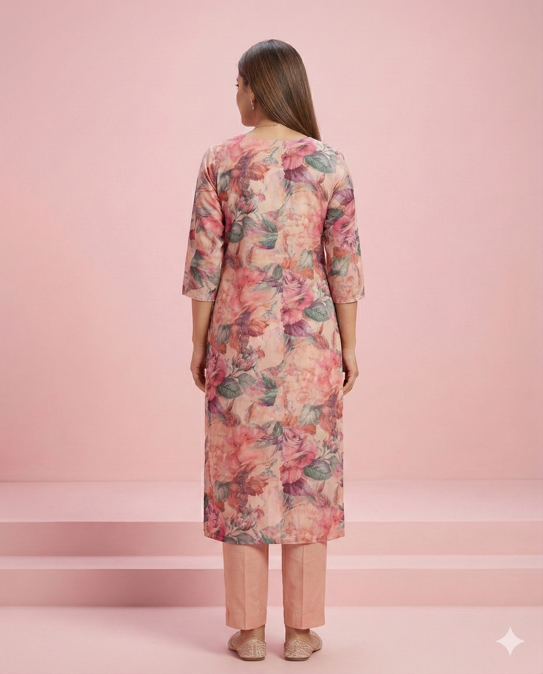 Peach Floral Printed Viscose Blend Straight Kurti