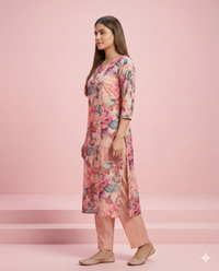 Peach Floral Printed Viscose Blend Straight Kurti 2