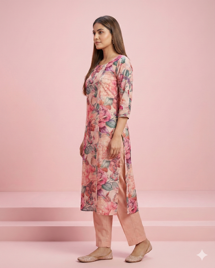 Peach Floral Printed Viscose Blend Straight Kurti