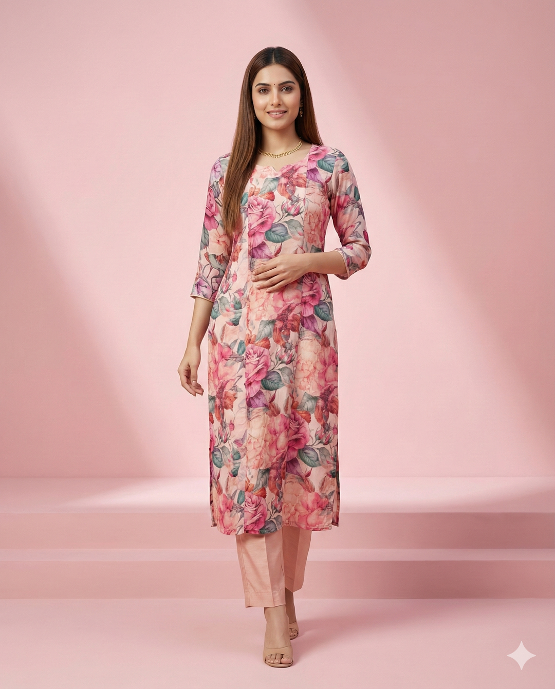 Peach Floral Printed Viscose Blend Straight Kurti