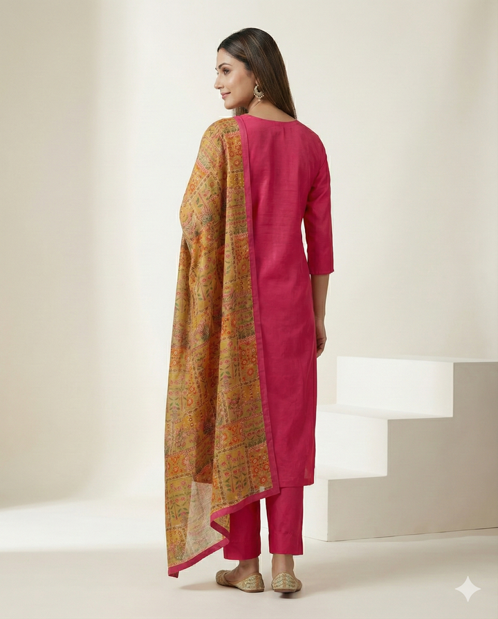 Rani Pink Embroidered Muslin 3-Piece Suit Set