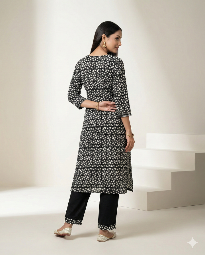 Black &amp; White Geometric Printed Cotton Straight Kurti