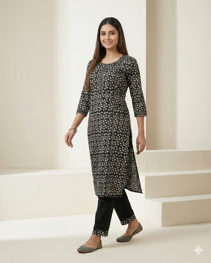 Black &amp; White Geometric Printed Cotton Straight Kurti