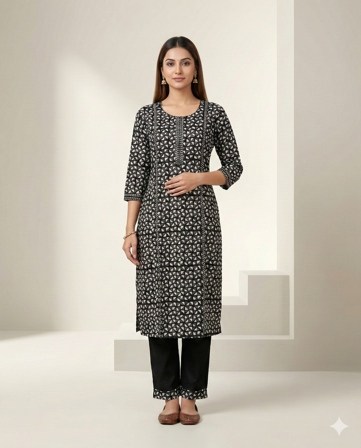 Black &amp; White Geometric Printed Cotton Straight Kurti