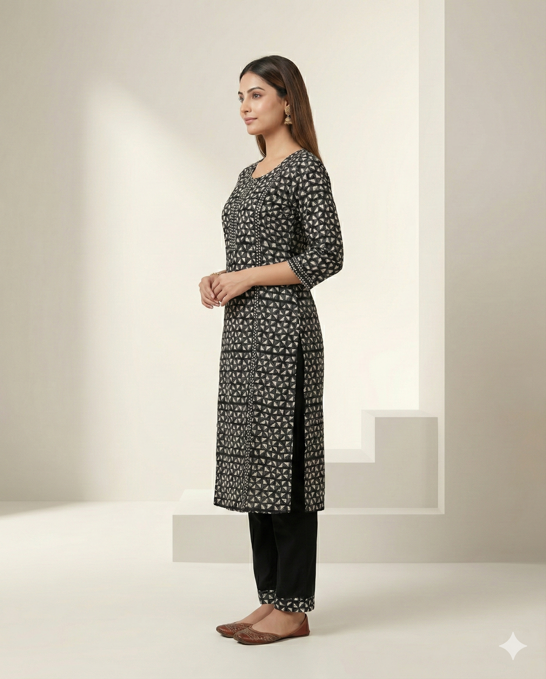 Black &amp; White Geometric Printed Cotton Straight Kurti