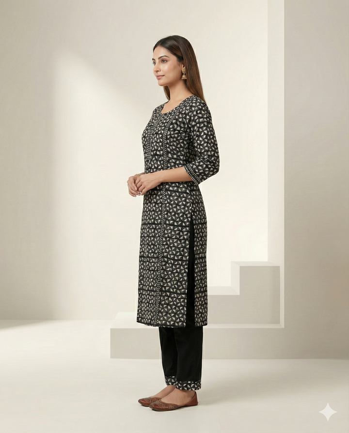 Black &amp; White Geometric Printed Cotton Straight Kurti