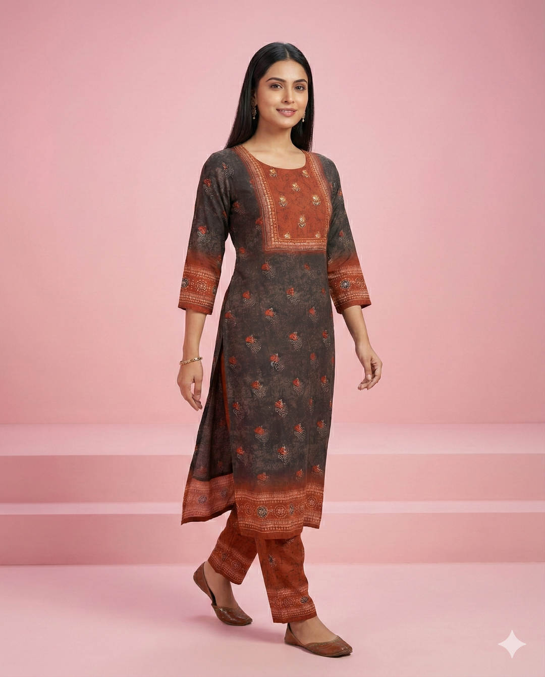 Gray &amp; Rust Floral Printed Muslin Kurti Set