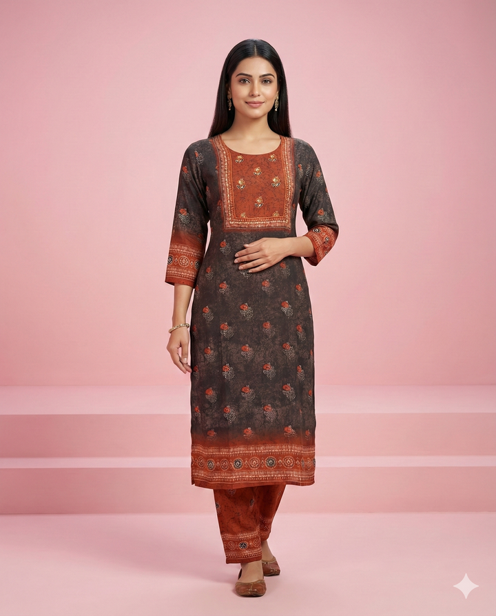 Gray &amp; Rust Floral Printed Muslin Kurti Set