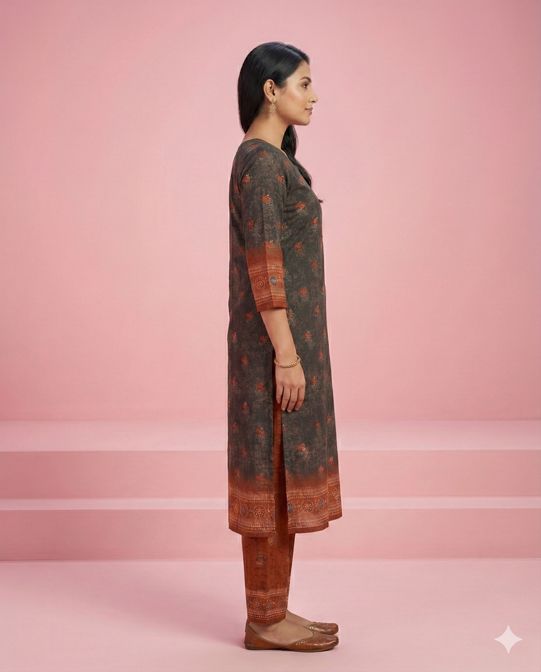 Gray &amp; Rust Floral Printed Muslin Kurti Set