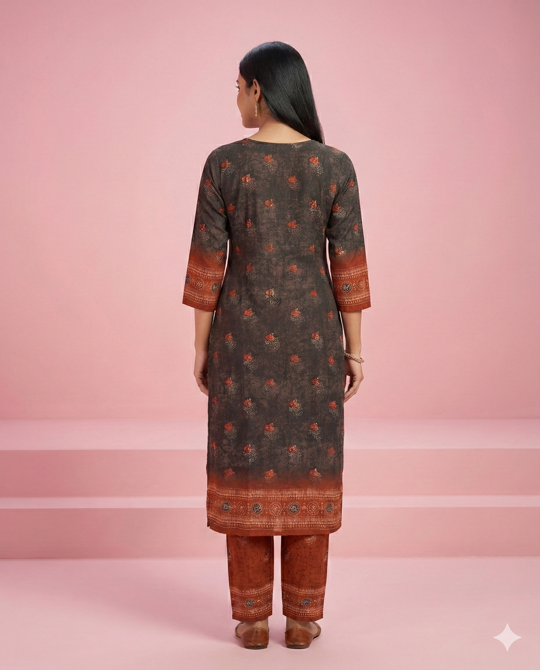 Gray &amp; Rust Floral Printed Muslin Kurti Set