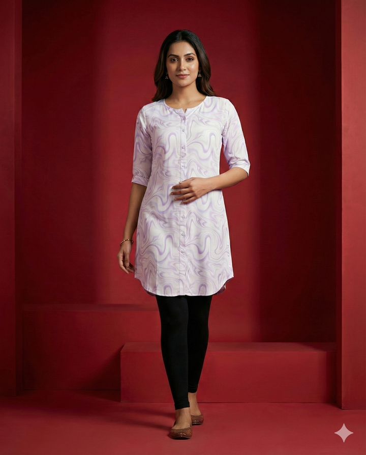 Purple & White Marble Printed Polyester Viscose Tunic Top