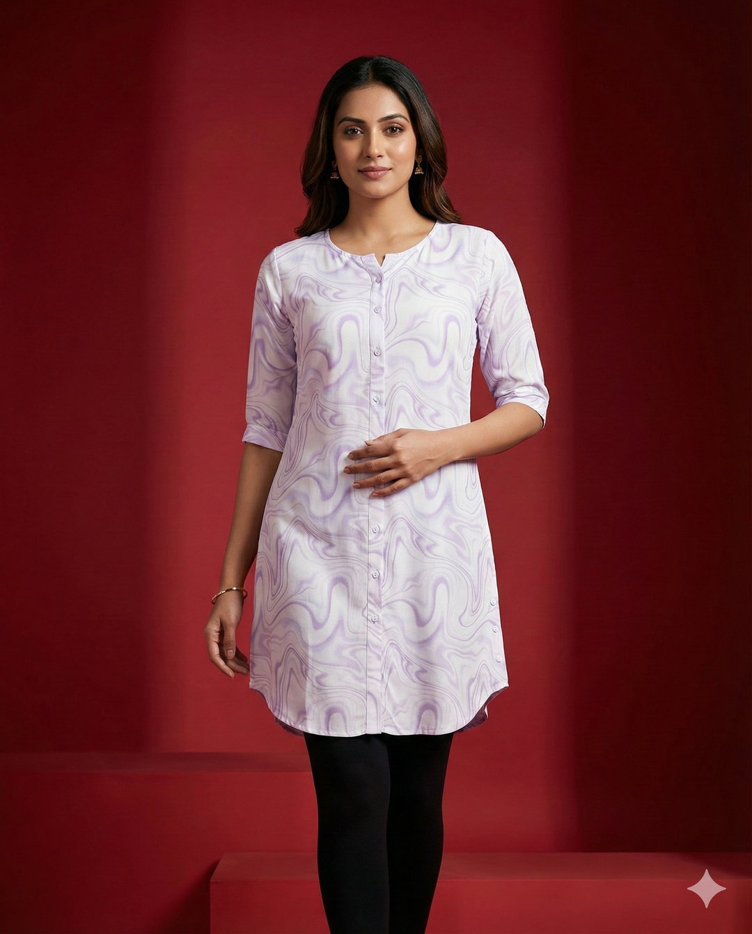 Purple & White Marble Printed Polyester Viscose Tunic Top