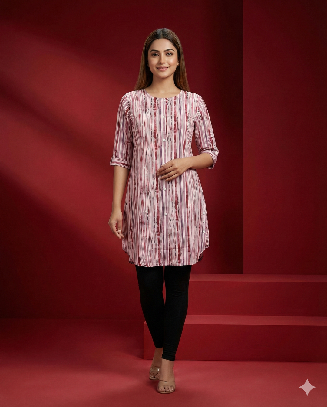 Pink Abstract Striped Polyester Viscose Tunic Top