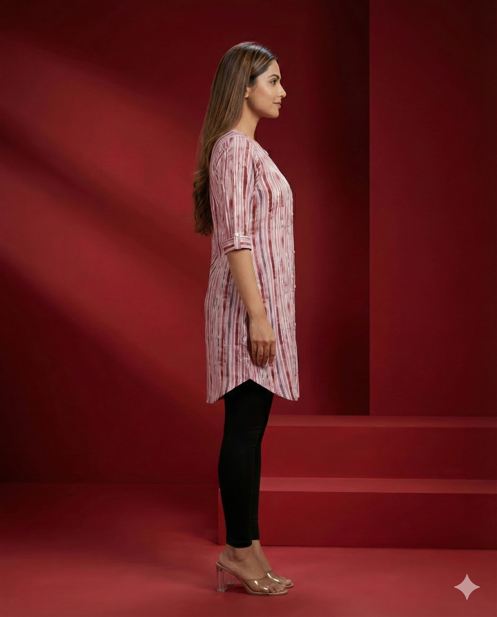 Pink Abstract Striped Polyester Viscose Tunic Top