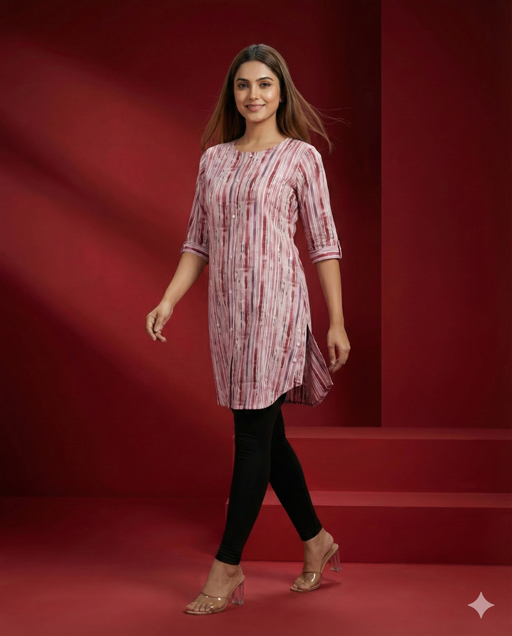 Pink Abstract Striped Polyester Viscose Tunic Top