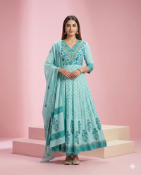 Sea Green Floral Printed Kota Chex 3-Piece Anarkali Set 2
