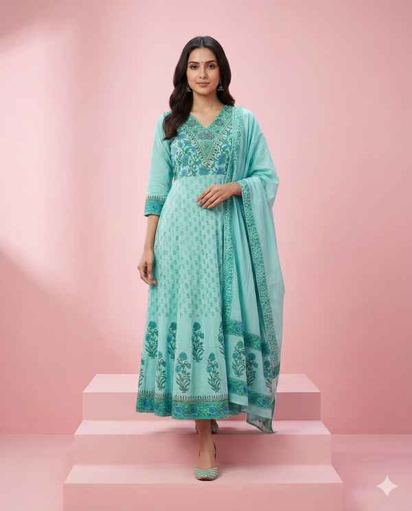 Sea Green Floral Printed Kota Chex 3-Piece Anarkali Set