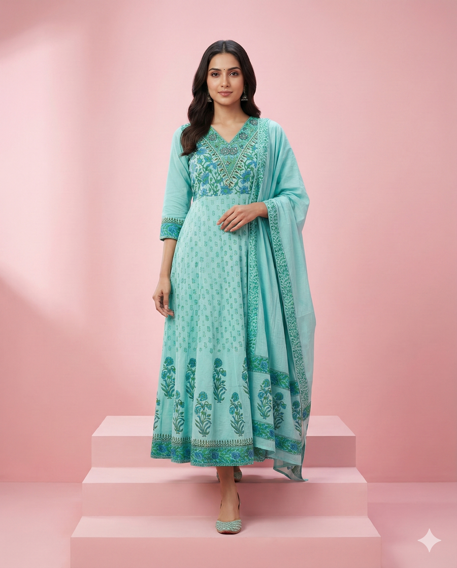 Sea Green Floral Printed Kota Chex 3-Piece Anarkali Set