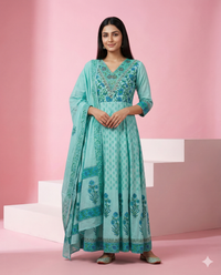 Sea Green Floral Printed Kota Chex 3-Piece Anarkali Set 3