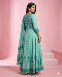 Sea Green Floral Printed Kota Chex 3-Piece Anarkali Set 4